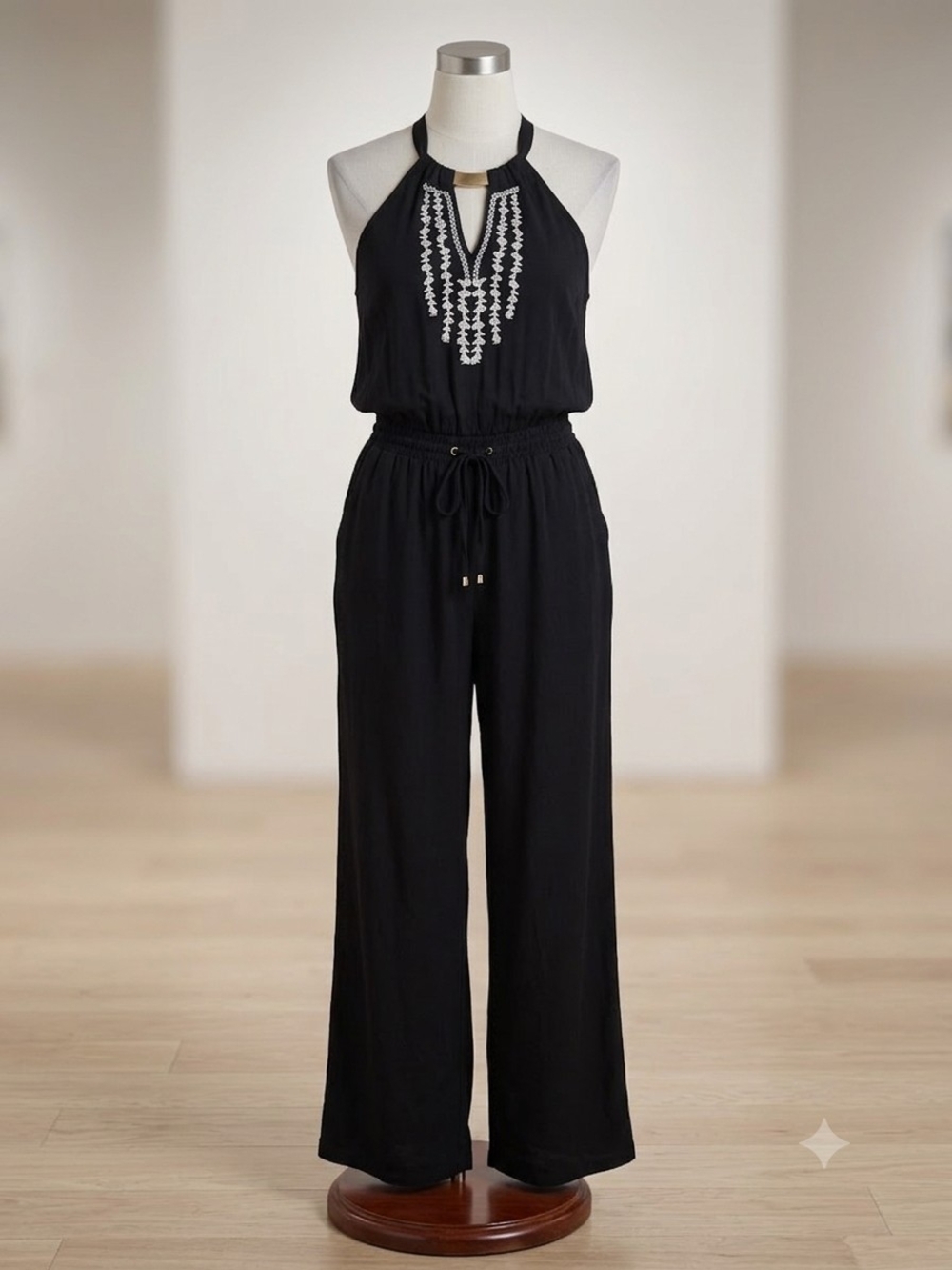 bebe Black Halter Jumpsuit with White Embroidery